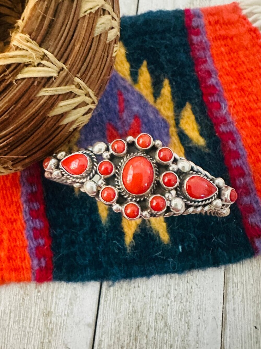 Handcrafted Coral & Sterling Silver Cluster Cuff Bracelet by Andy Cadman